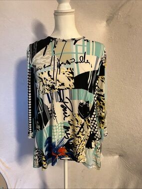 Abstract Print Long-Sleeve Tunic in Aqua, Black and Cream